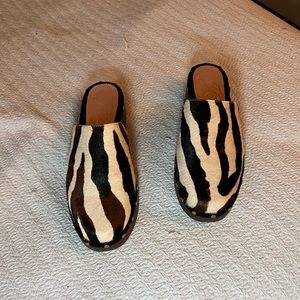 JCrew faux pony hair clogs.